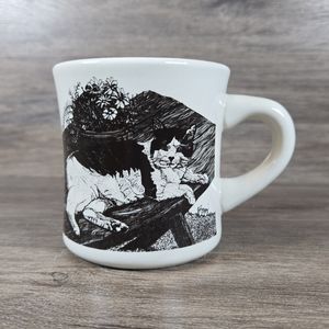 Vtg Ultima China Lazy Cat Boho Heavy Duty Coffee Cup Mug Signed Black White Art